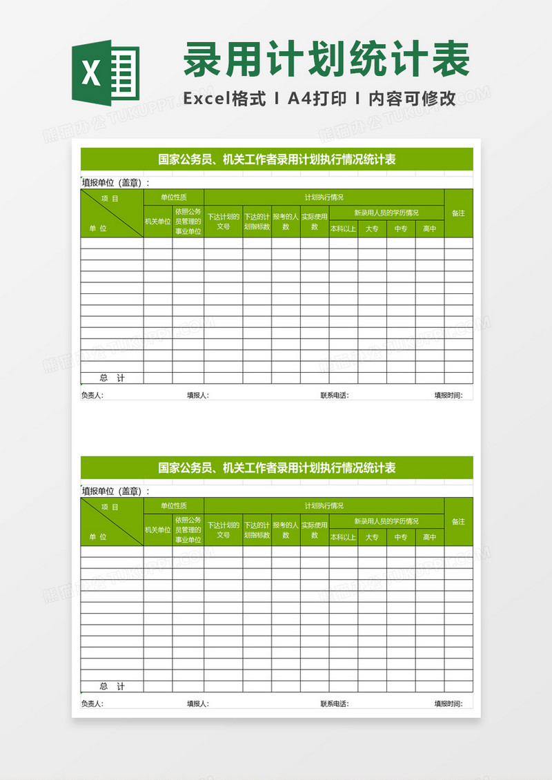 国家公务员机关工作者录用计划执行情况统计表excel模板