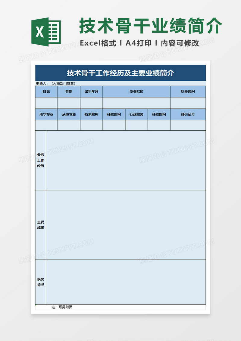 技术骨干工作经历及主要业绩简介excel模板