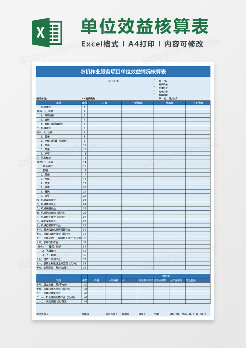 农机作业服务单位效益情况表excel模板
