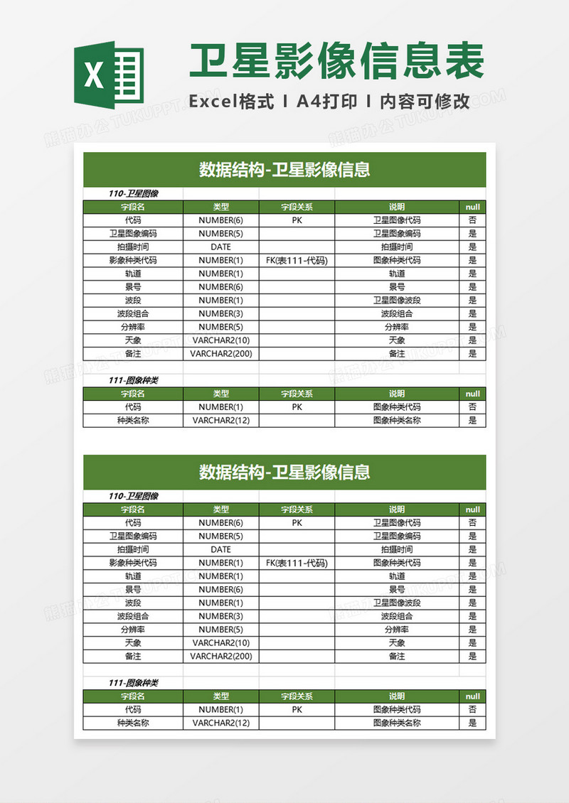 数据结构卫星影像信息excel模板