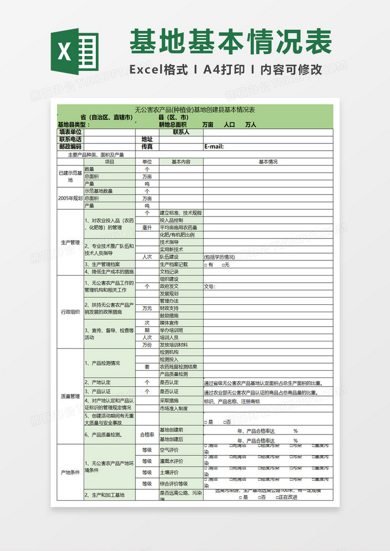 无公害农产品基地创建县基本情况表excel模板