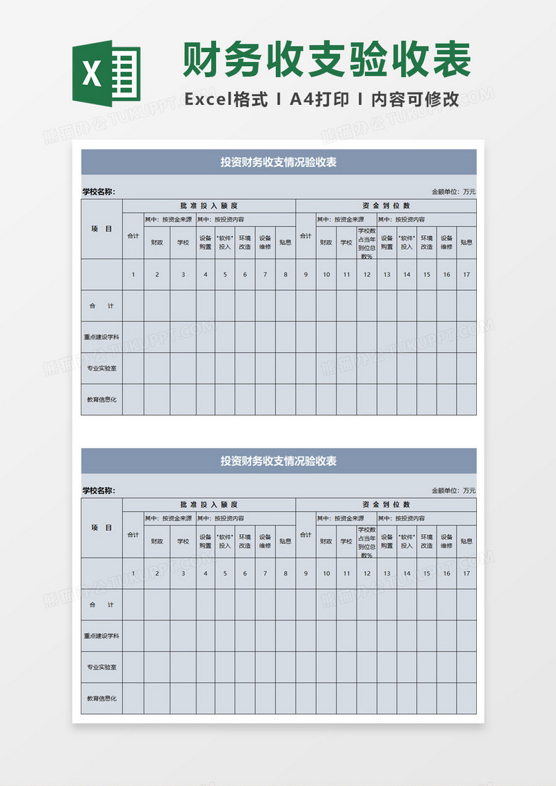 学校投资财务收支情况验收表excel模板