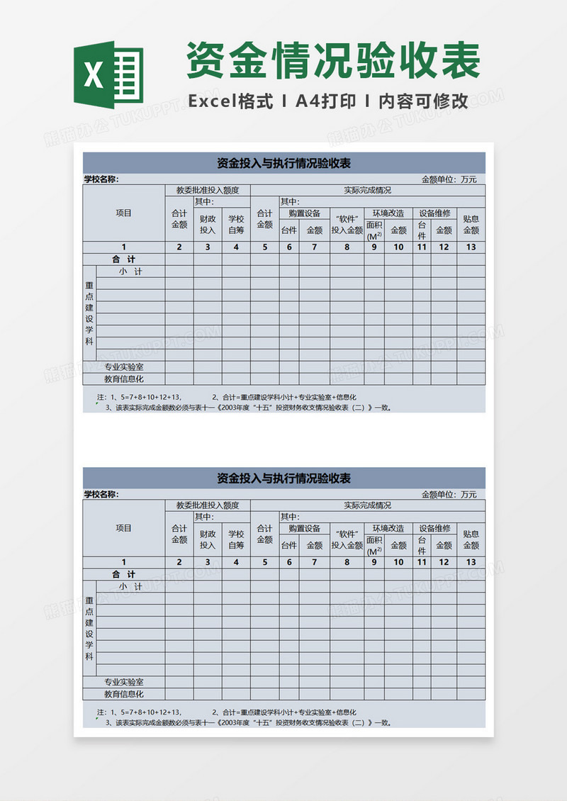 学校资金投入与执行情况验收表excel模板