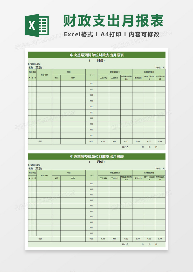 简约中央基层预算单位财政支出月报表excel模板