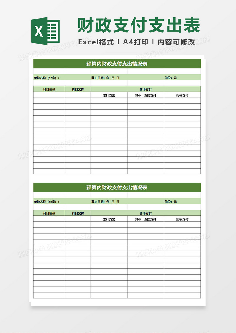 简约预算内财政支付支出情况表excel模板