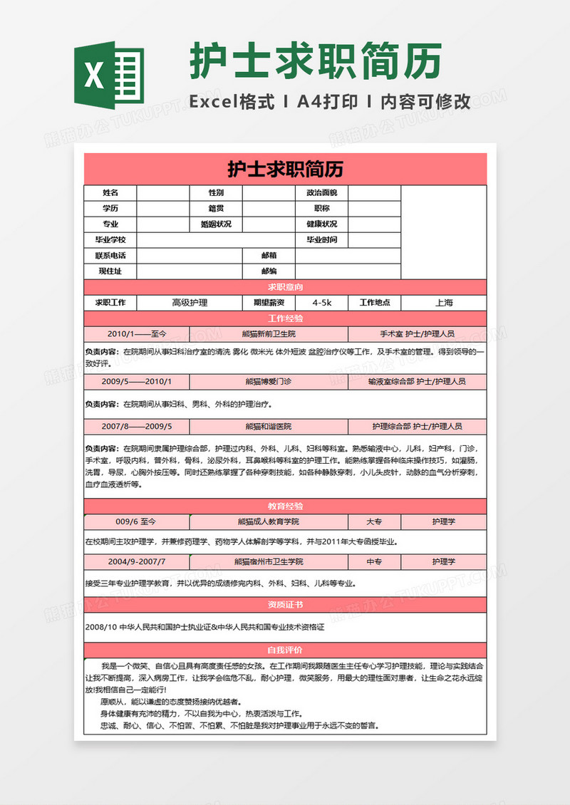 浅红护士求职简历excel模板