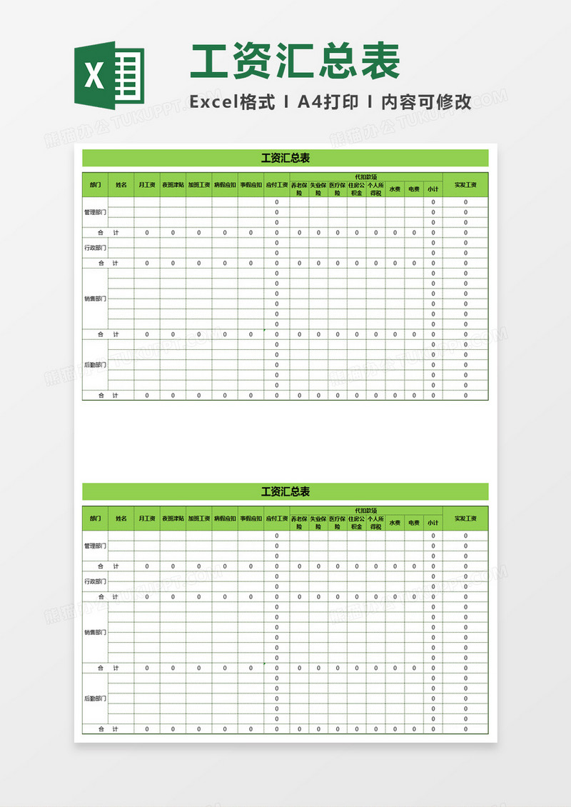 实用工资汇总表excel模板