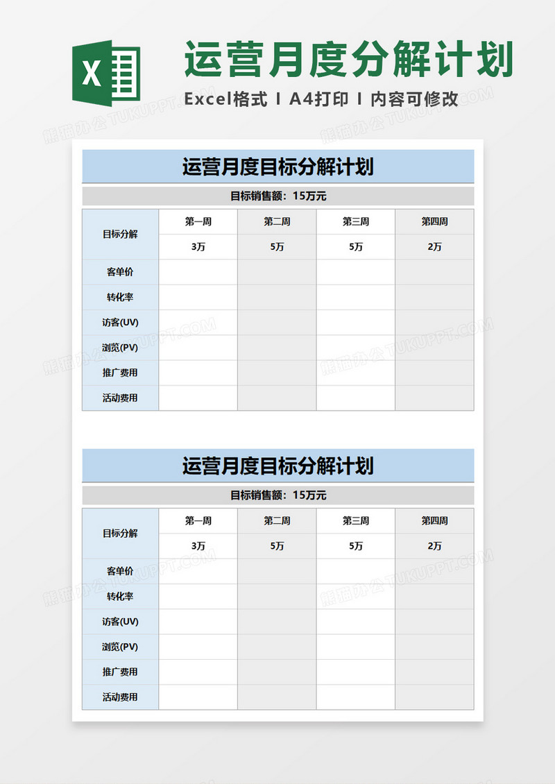 运营月度目标分解计划excel模板