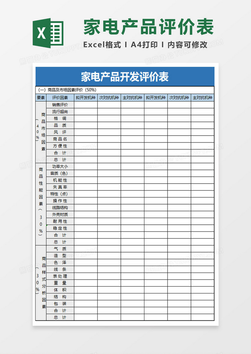 家电产品开发评价表excel模板