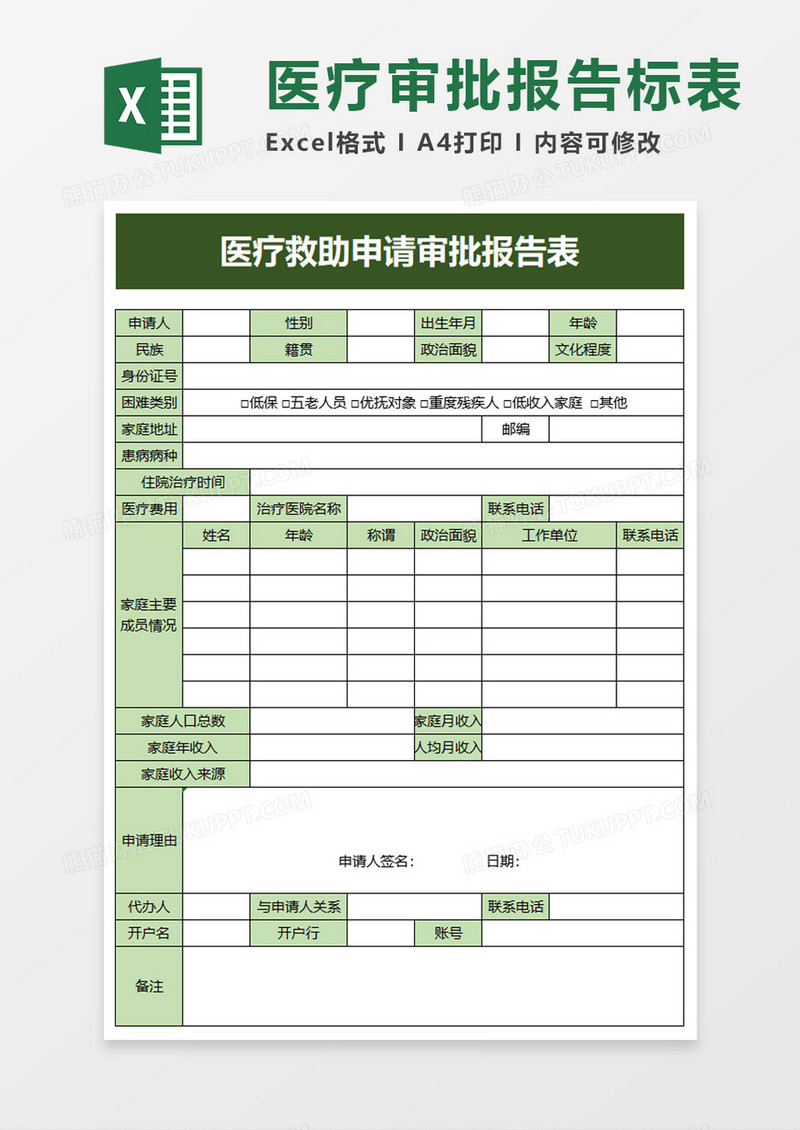 医疗救助申请审批报告表excel模板