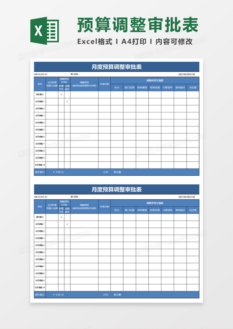 月度预算调整审批表excel模板