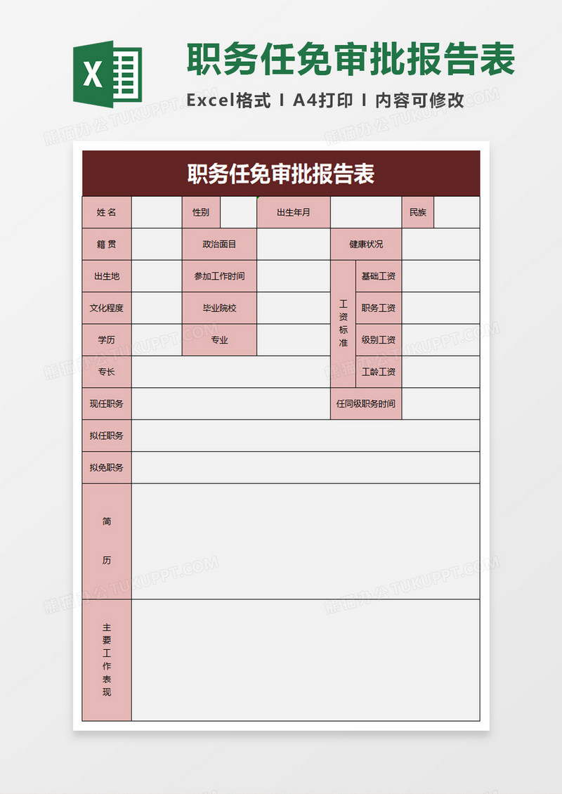 职务任免审批报告表excel模板