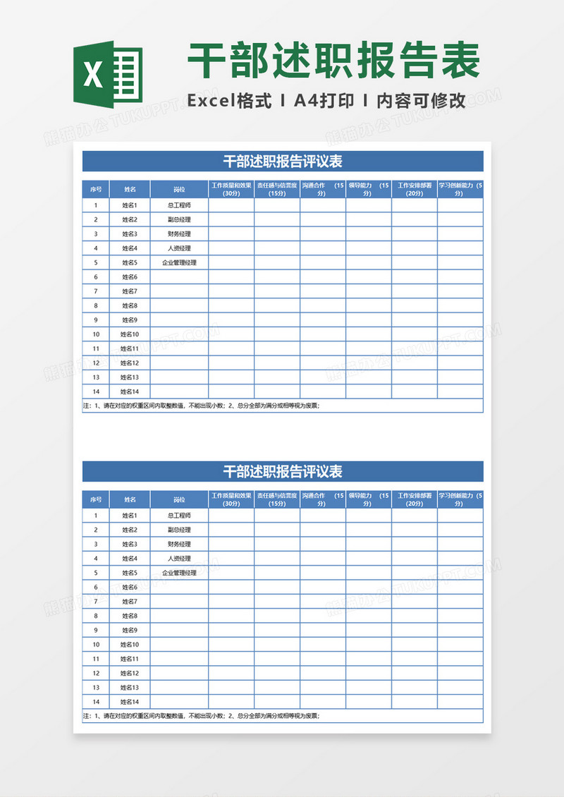 干部述职报告评议表excel模板