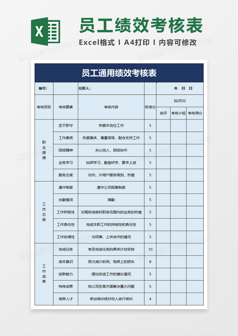 员工通用绩效考核表excel模板