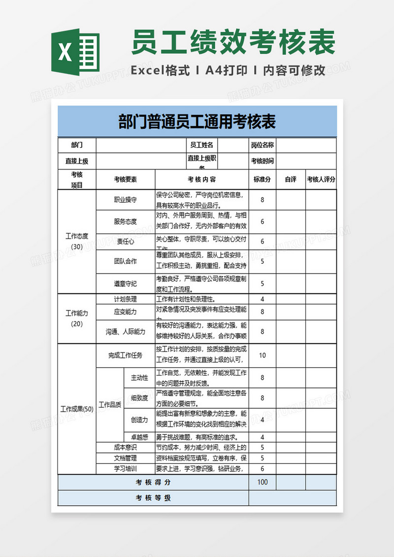 部门普通员工通用考核表excel模板