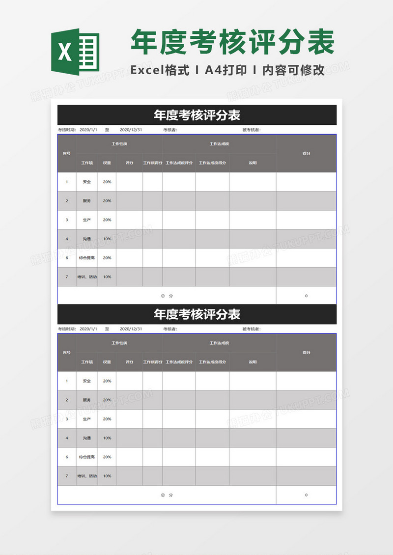 年度考核评分表excel模板