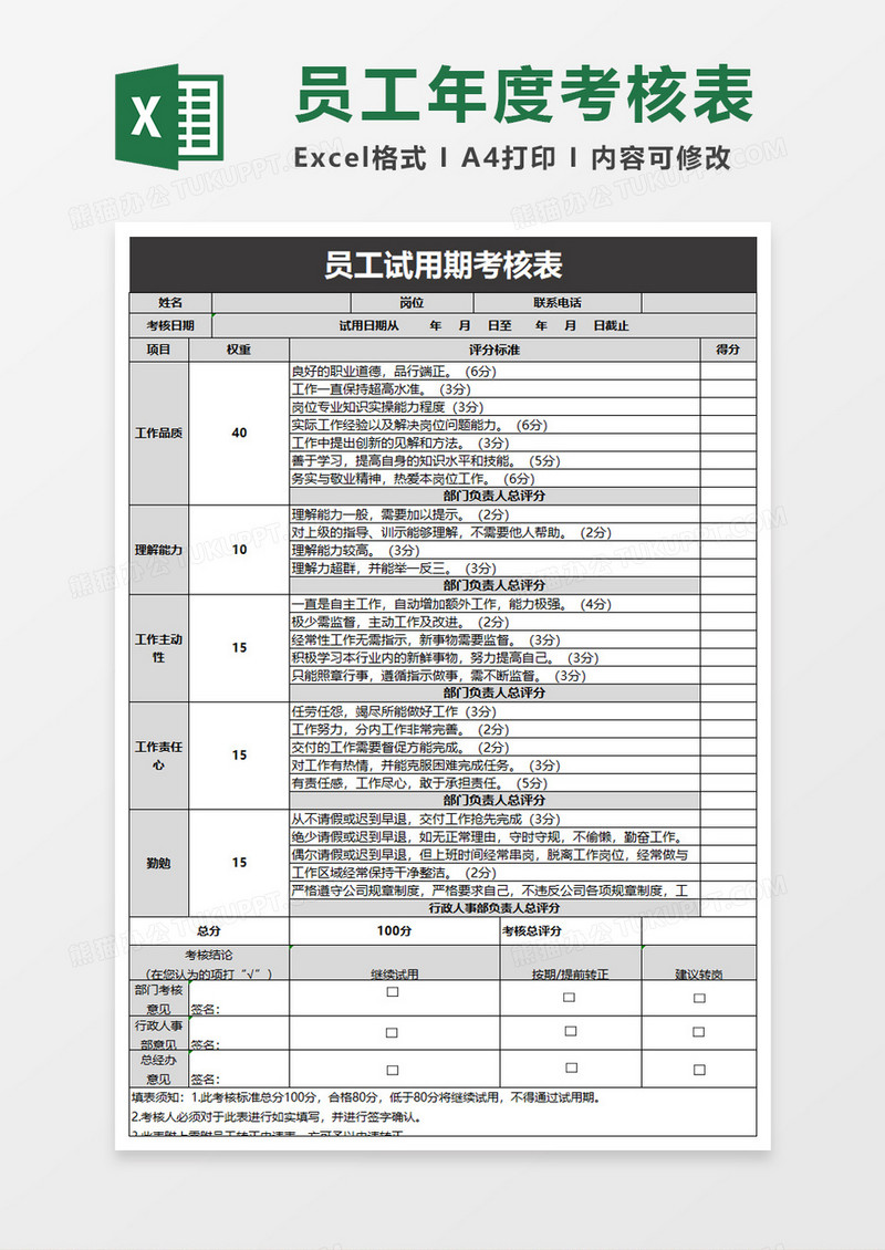 员工试用期考核表excel模板