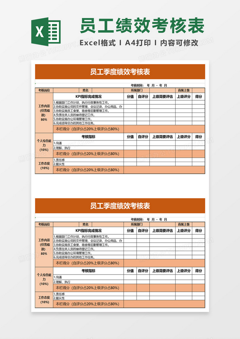 员工季度绩效考核表excel模板