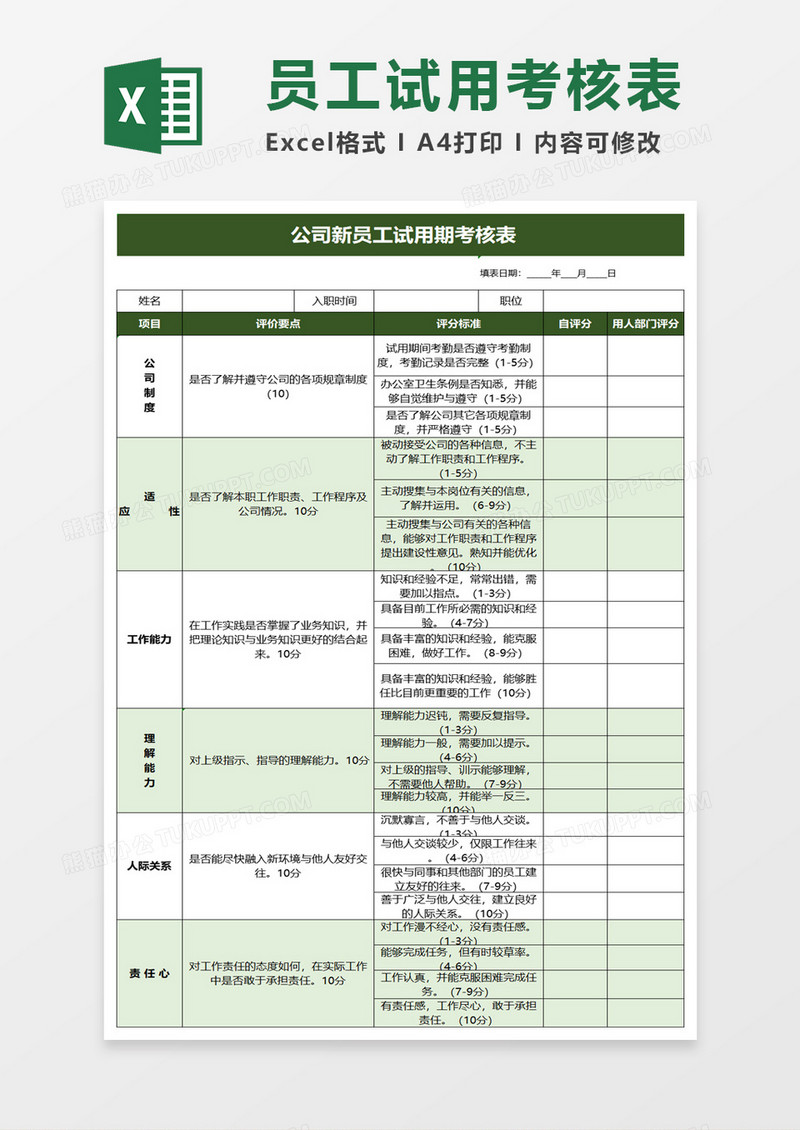 公司新员工试用期考核表excel模板