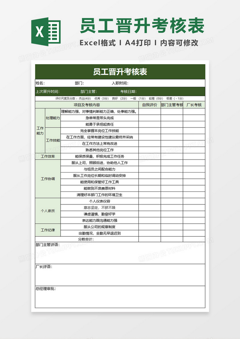 员工晋升考核表excel模板