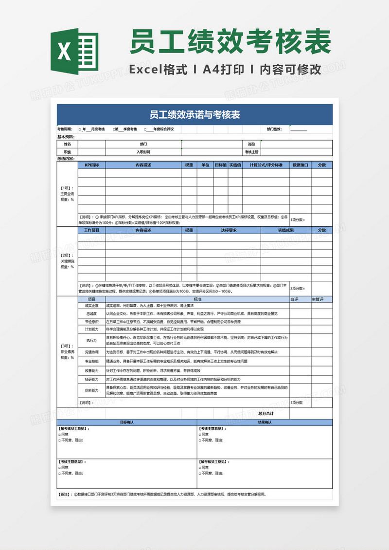 员工绩效承诺与考核表