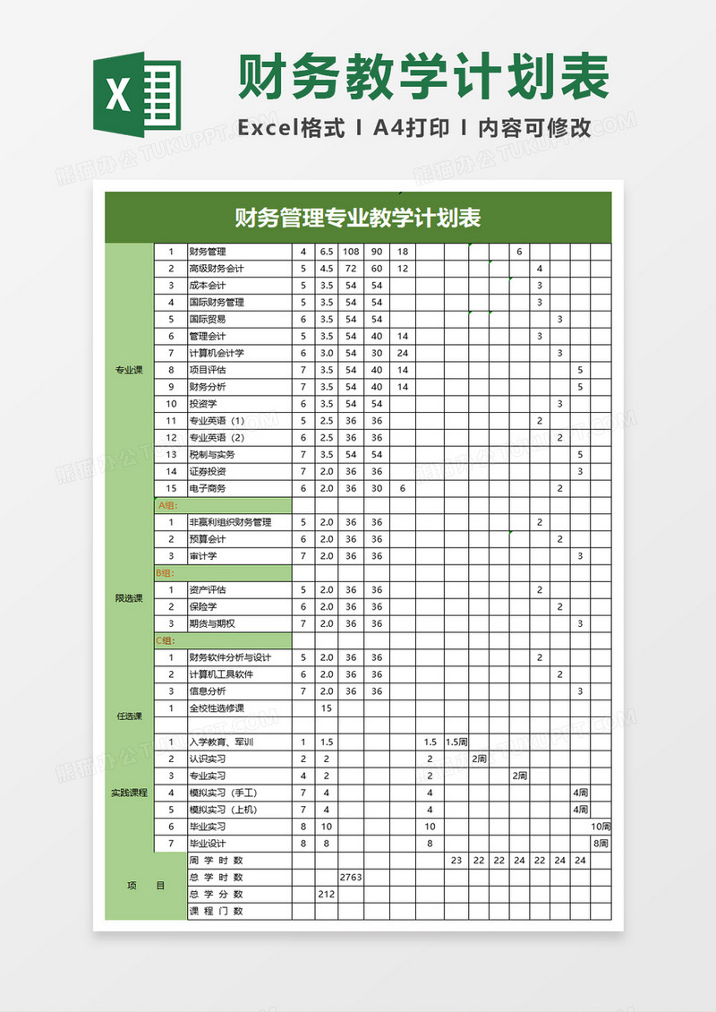 简单财务管理专业教学计划表excel模板