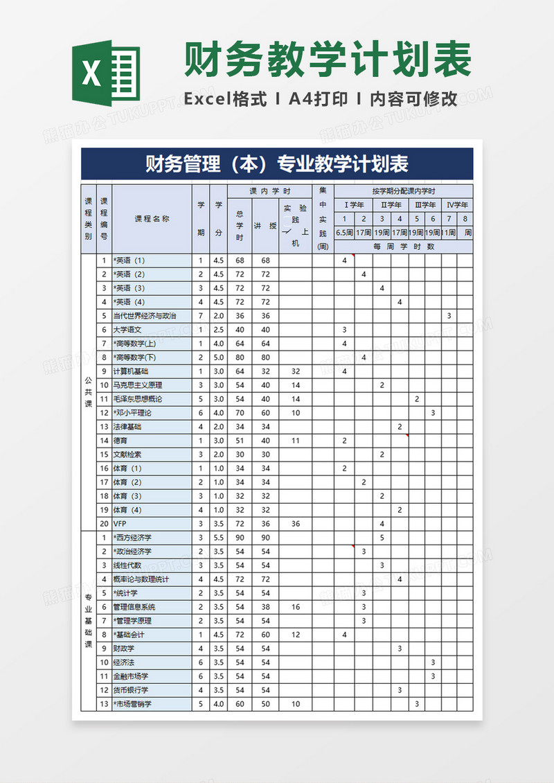 简洁财务管理专业教学计划表excel模板