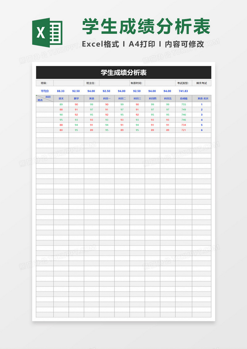 学生成绩分析表excel模板