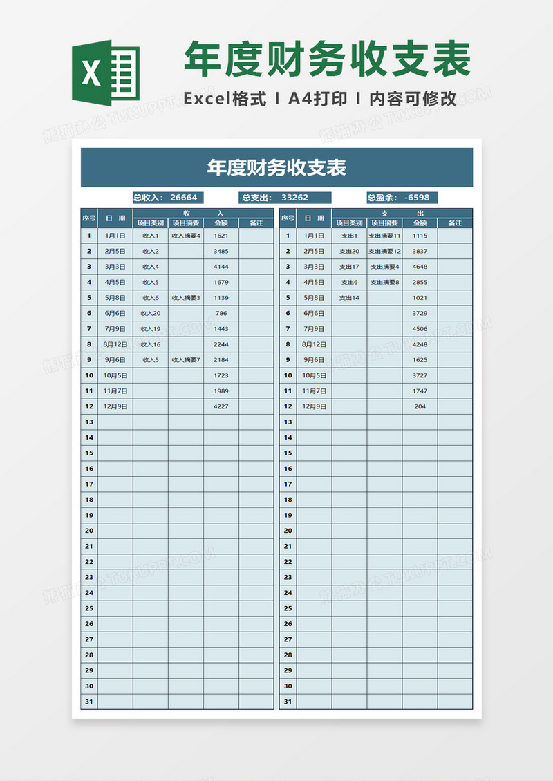 实用年度财务收支表excel模板