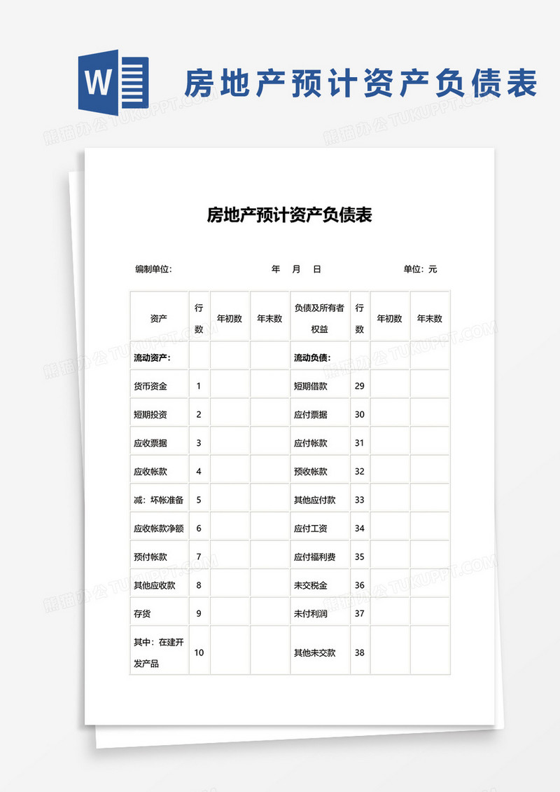 房地产预计资产负债表word模板