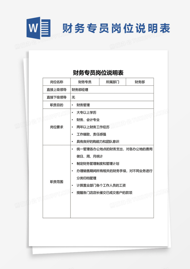 财务专员岗位说明表word模板