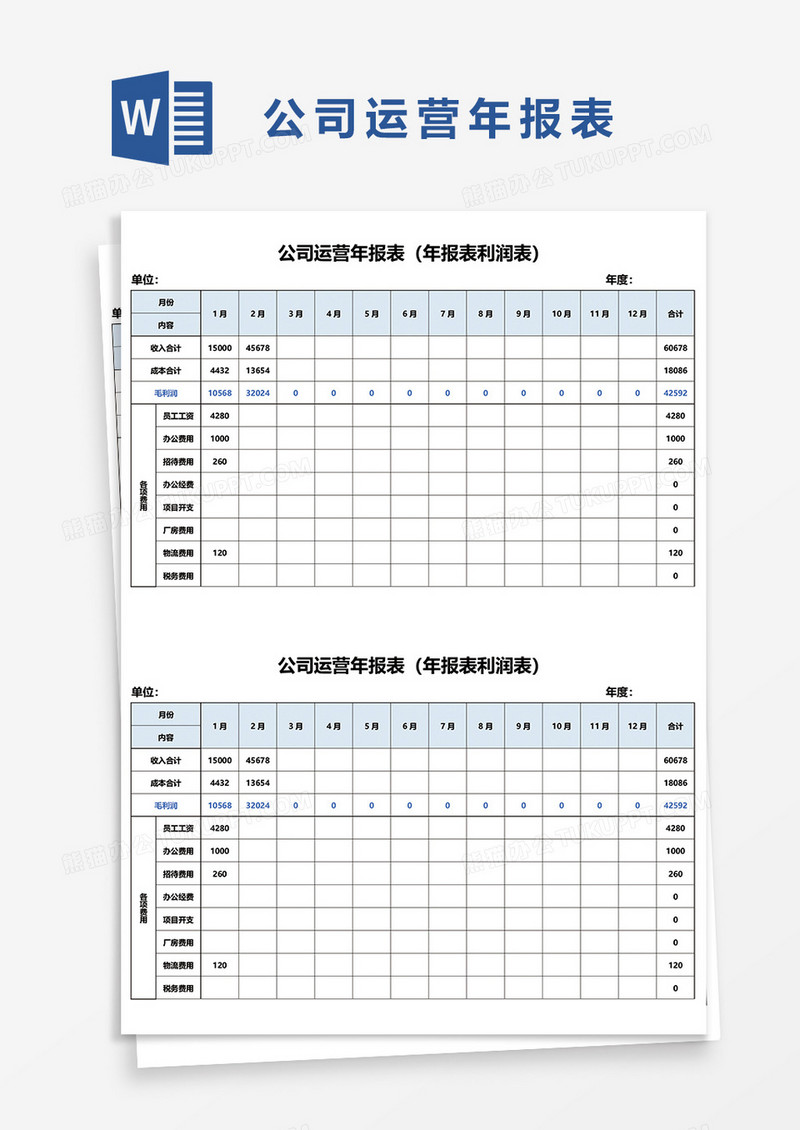 公司运营年报表年报表利润表word模板