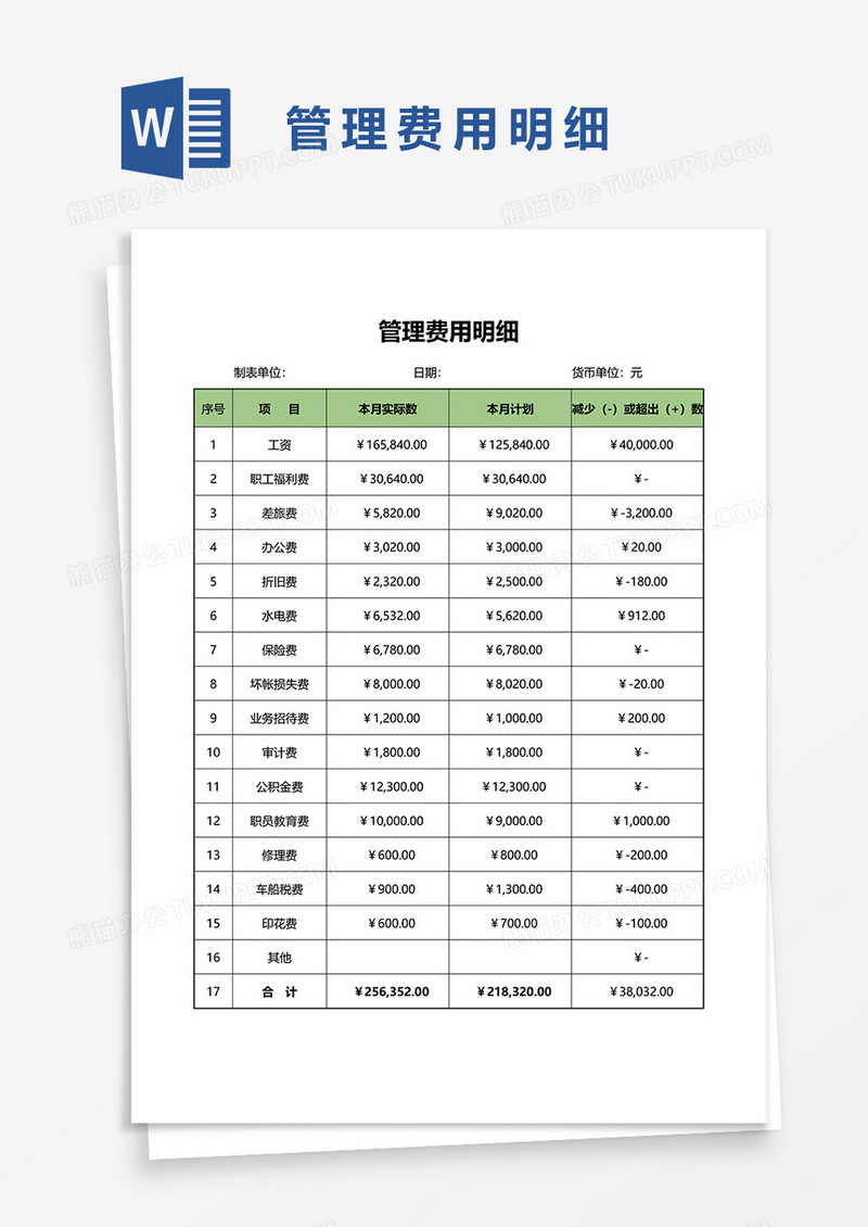 管理费用明细word模板