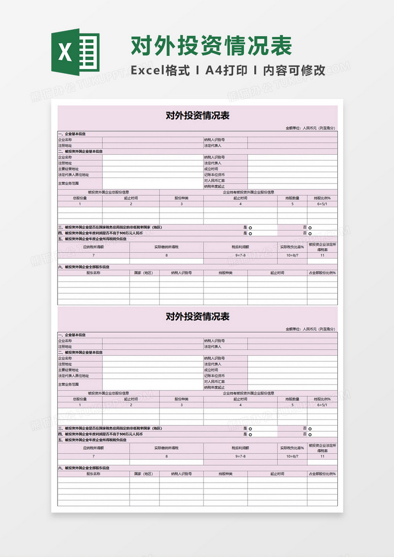 对外投资情况表excel模板