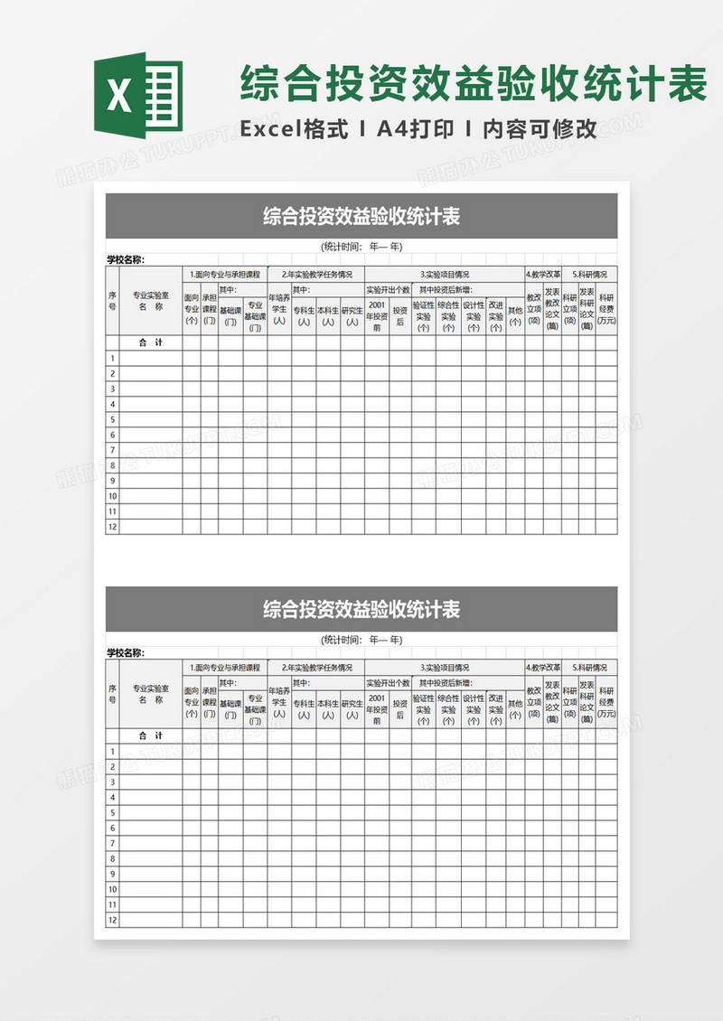 综合投资效益验收统计表excel模板