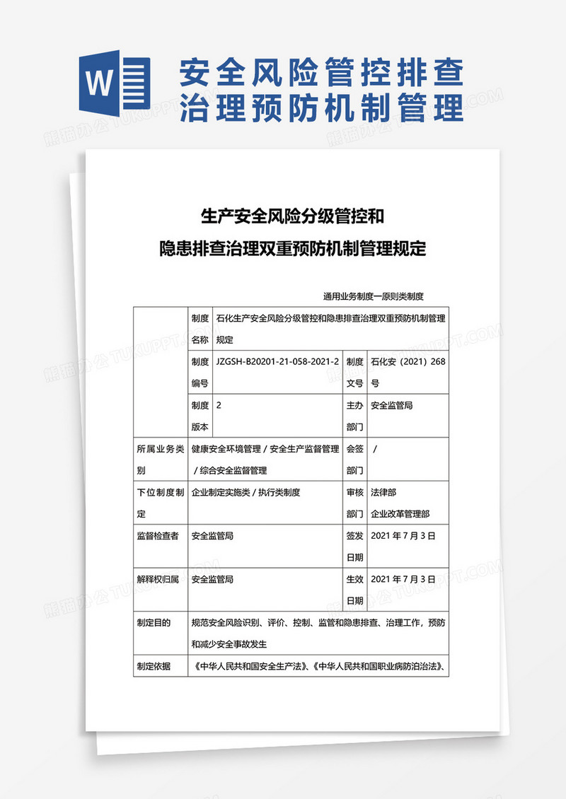 石化生产安全风险分级管控和隐患排查治理双重预防机制管理规定word模板