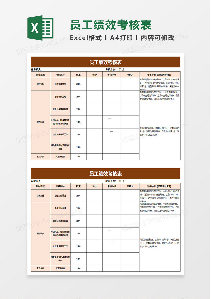 简洁实用企业员工绩效考核表excel模板