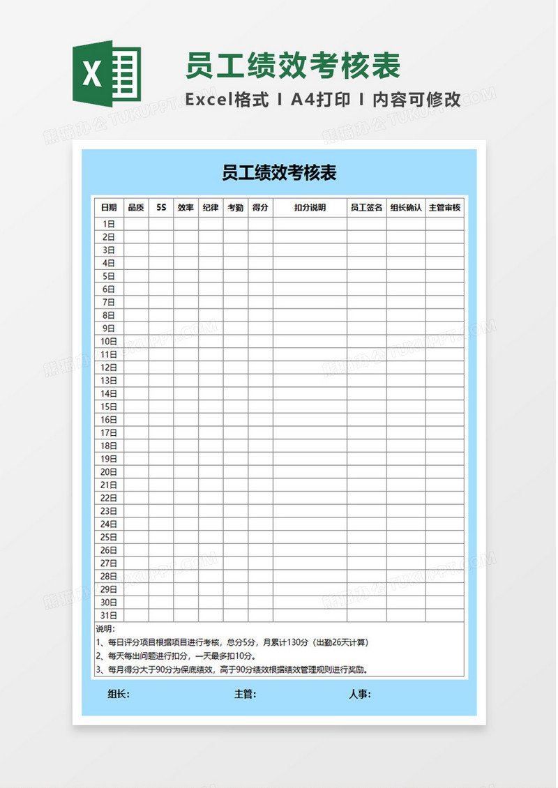 实用简单员工绩效考核表excel模板