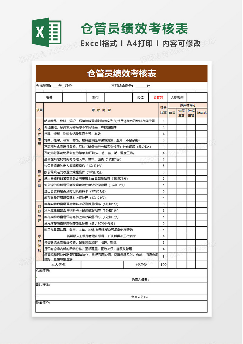 简洁仓管员绩效考核表excel模板