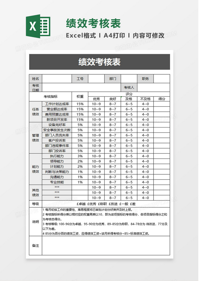 灰色简洁绩效考核表excel模板