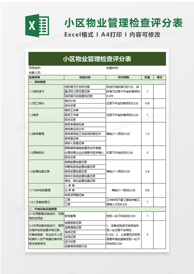 小区物业管理检查评分表excel模板