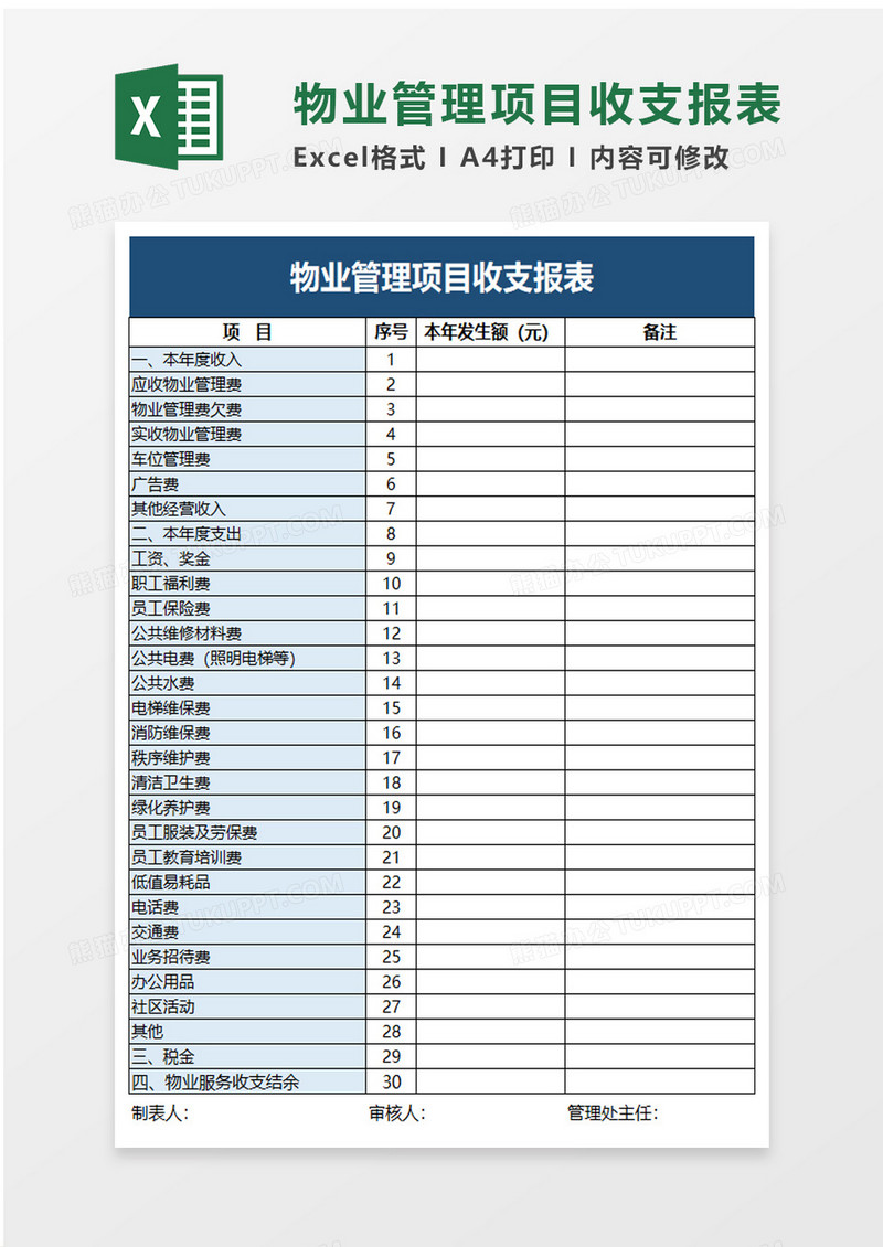 企业物业管理项目收支报表excel模板