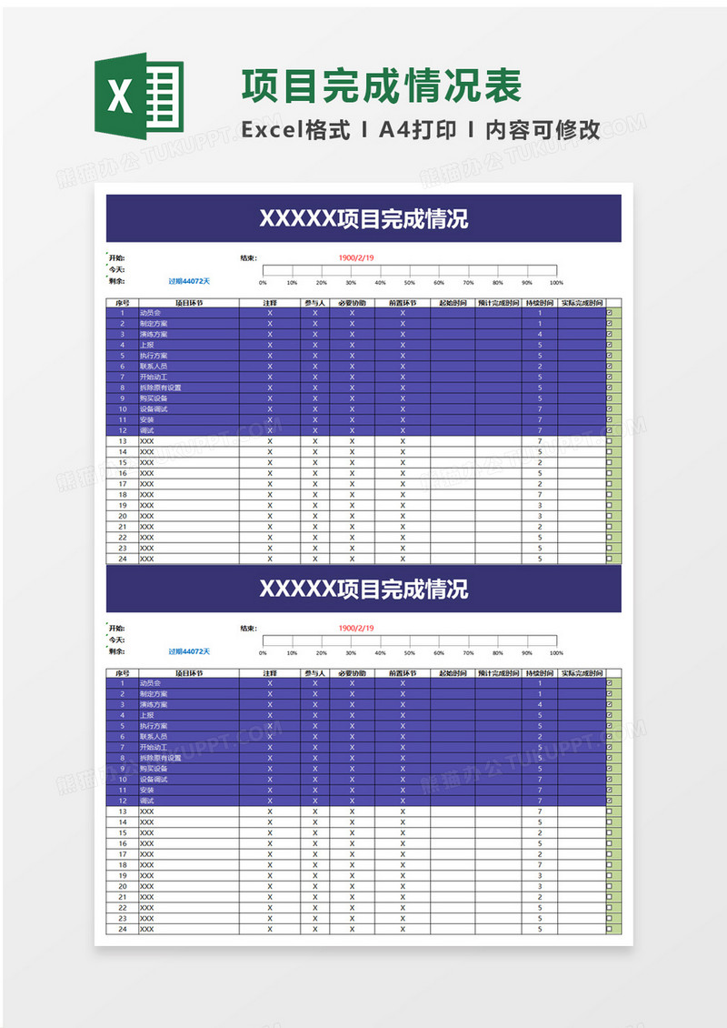 项目完成情况excel模板