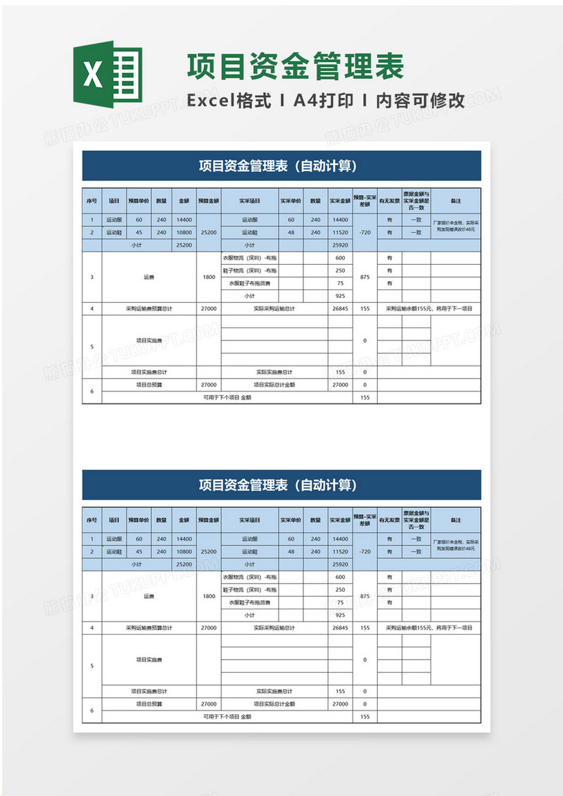 项目资金管理表excel模板