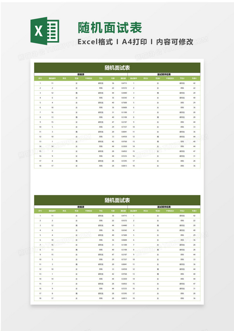 随机面试表excel模板