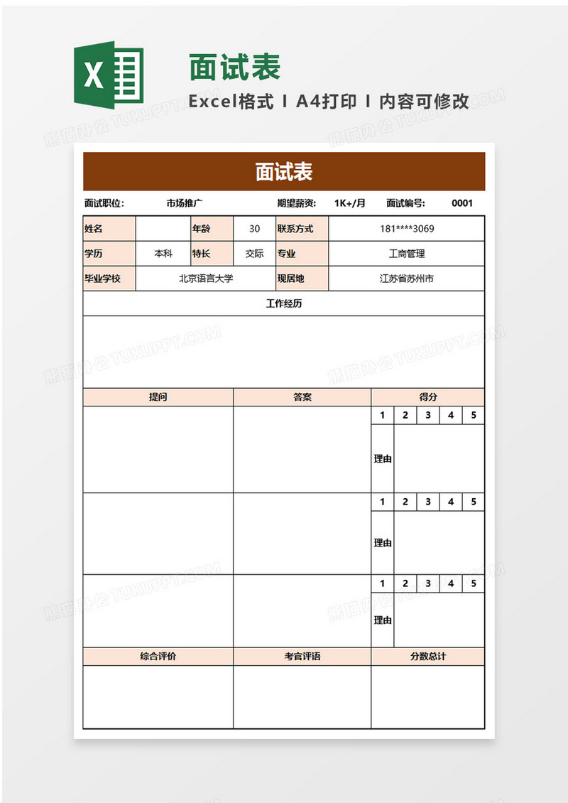 简洁简约面试表excel模板