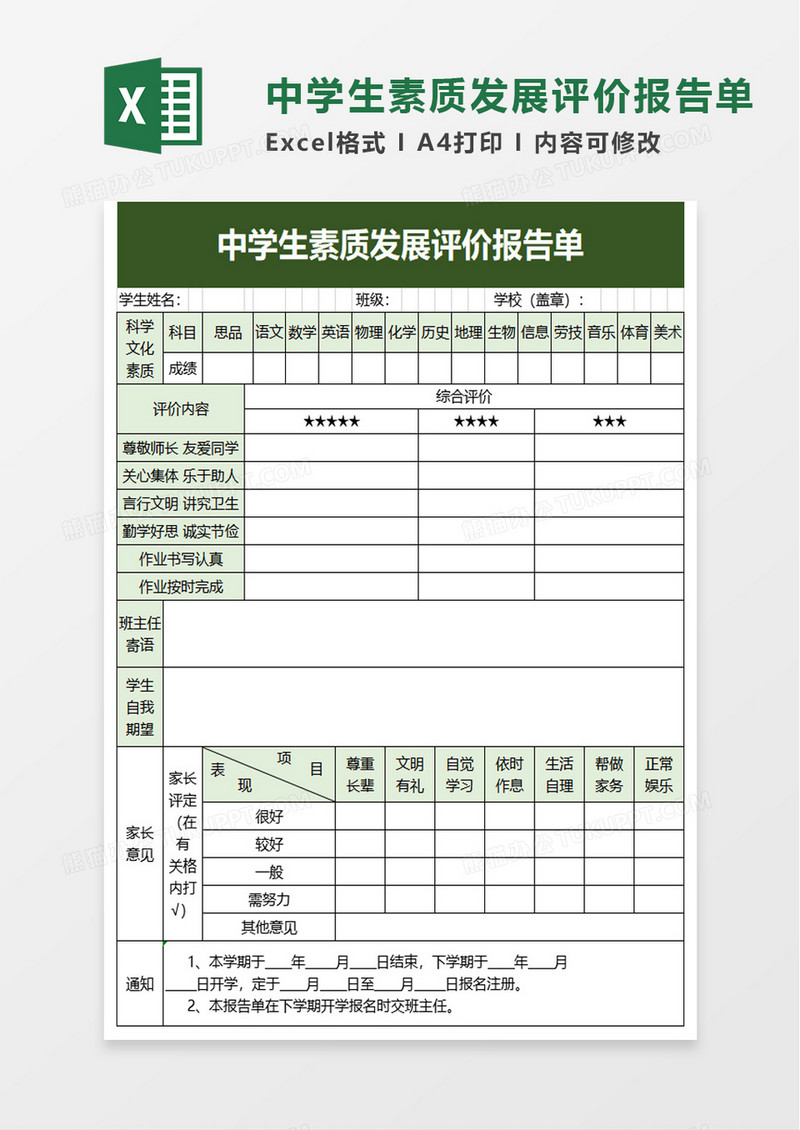 中学生素质发展评价报告单excel模板