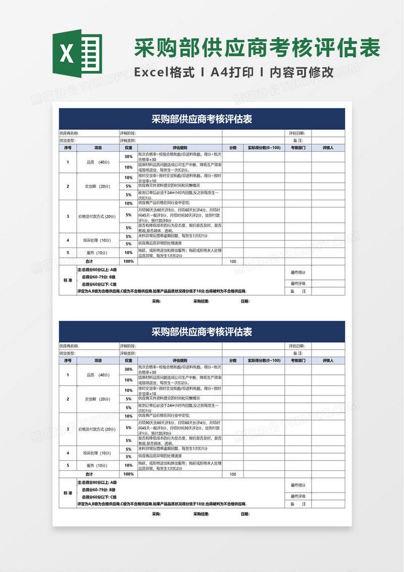 采购部供应商考核评估表excel模板