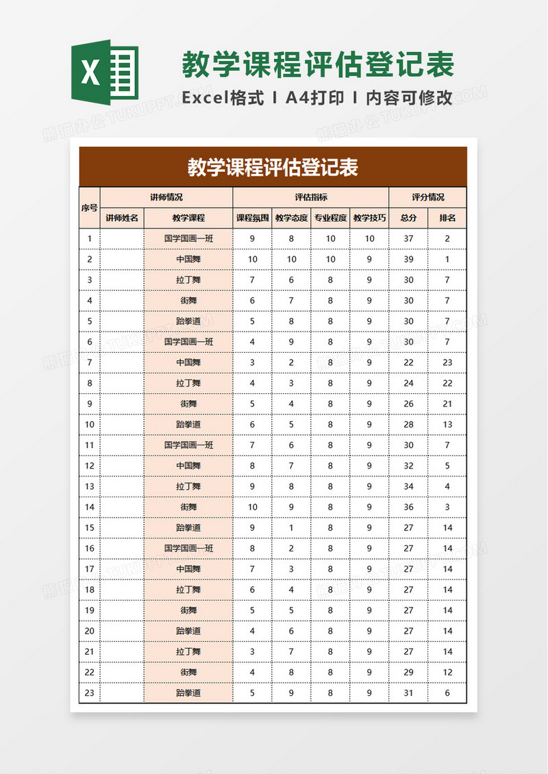 教学课程评估登记表excel模板