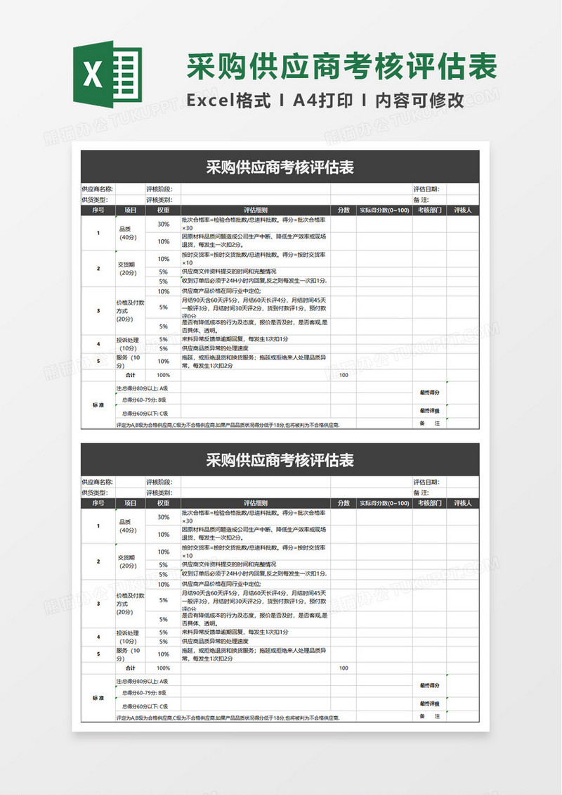 采购供应商考核评估表excel模板